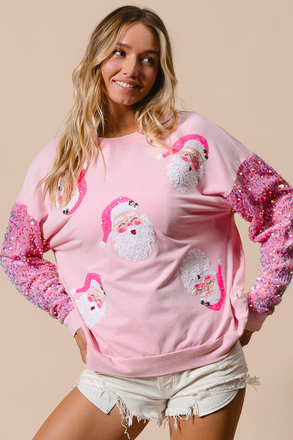 Pink Sequined Santa Claus Long Sleeve Christmas Sweatshirt Sweatshirts & Hoodies JT's Designer Fashion