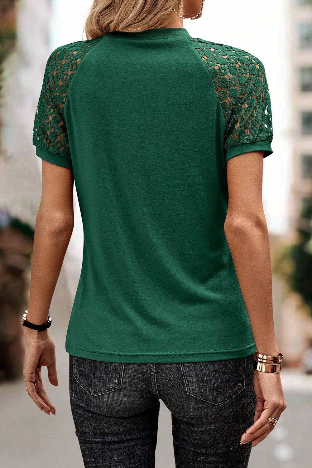 Blackish Green Seamed Detail Contrast Lace Raglan Sleeve Tee Pre Order Tops JT's Designer Fashion