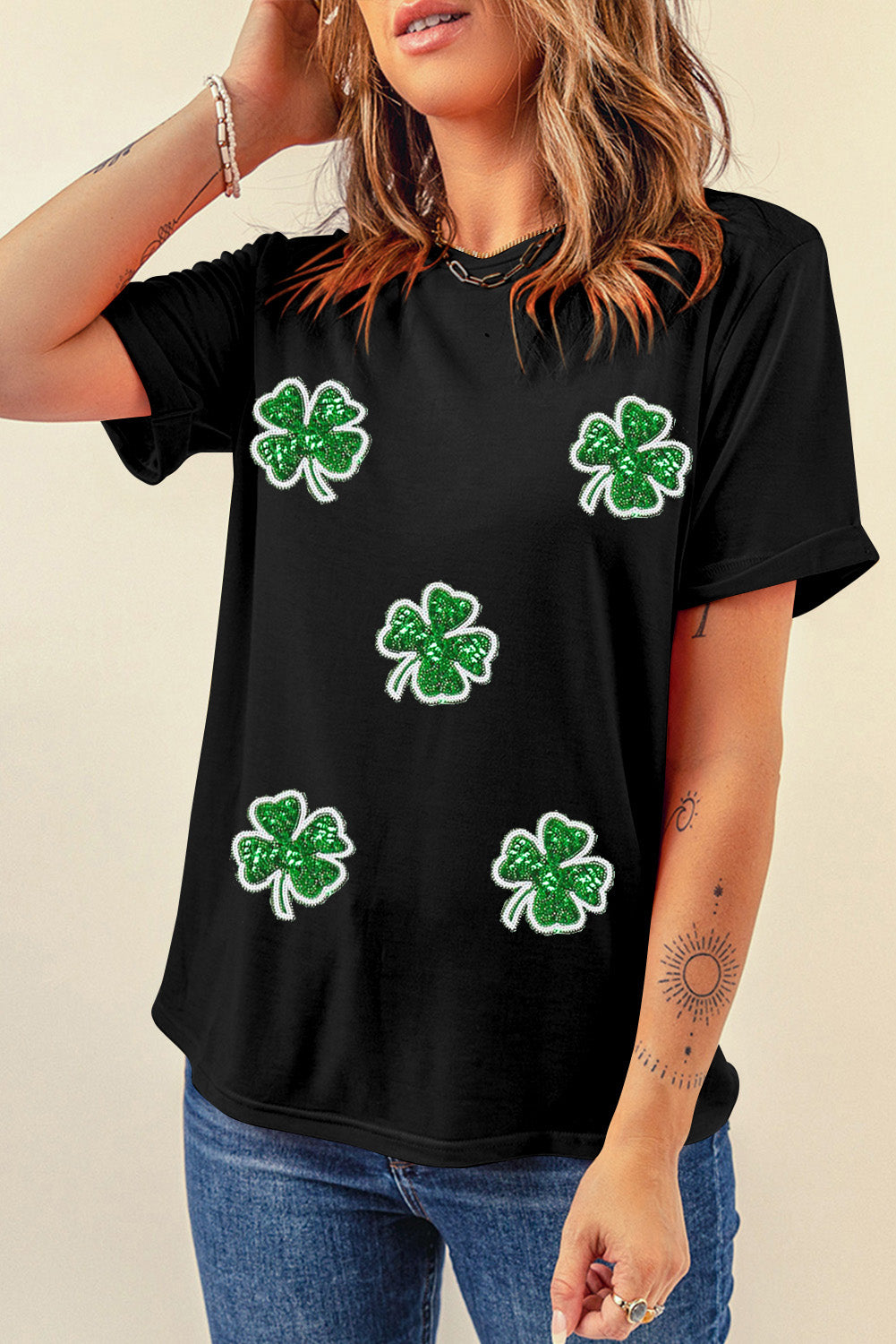 Black Four Leaf Clover Graphic St. Patricks Crewneck Tee Graphic Tees JT's Designer Fashion