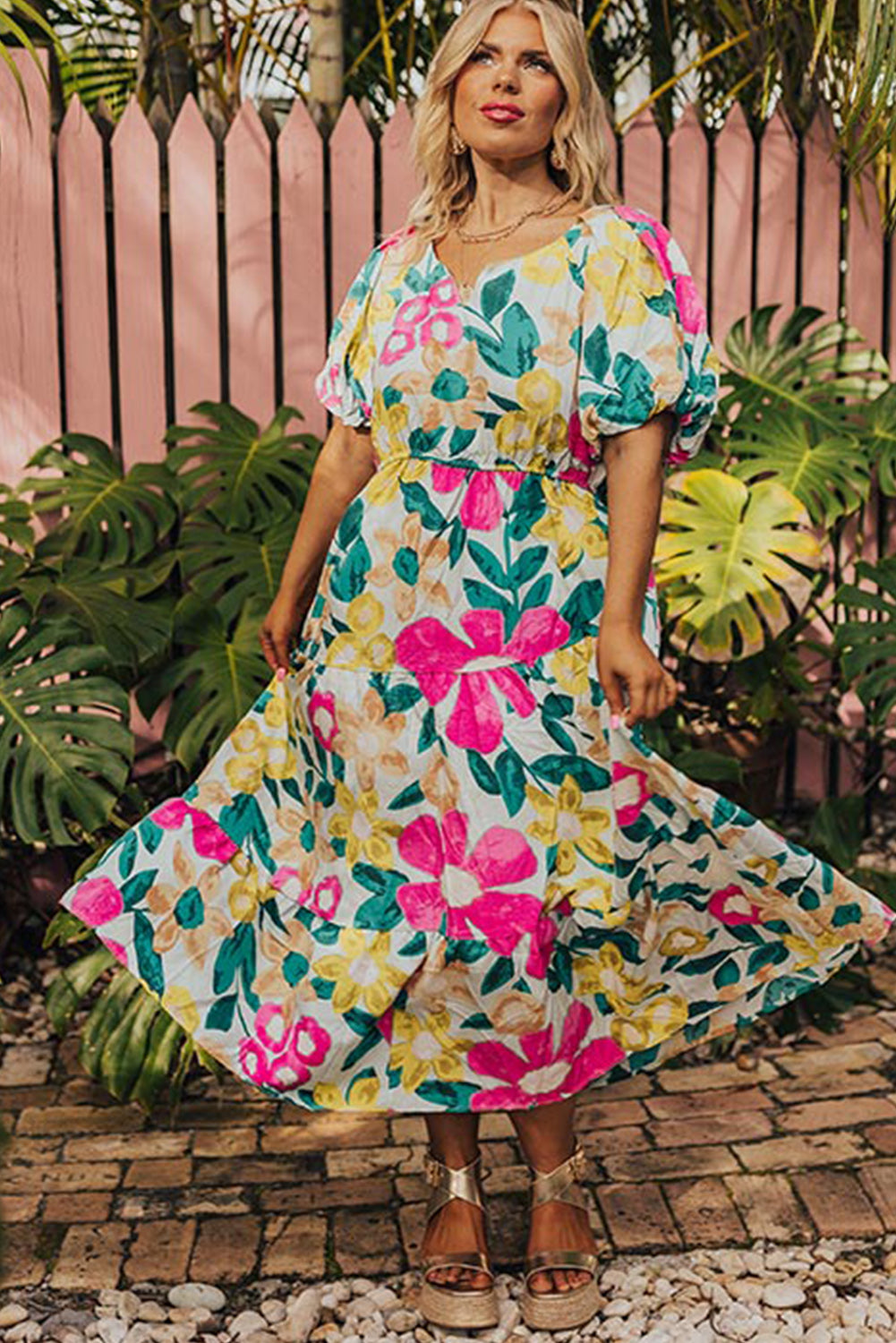 Multicolour Floral Puff Sleeve Notched Neck Plus Size Maxi Dress Plus Size JT's Designer Fashion