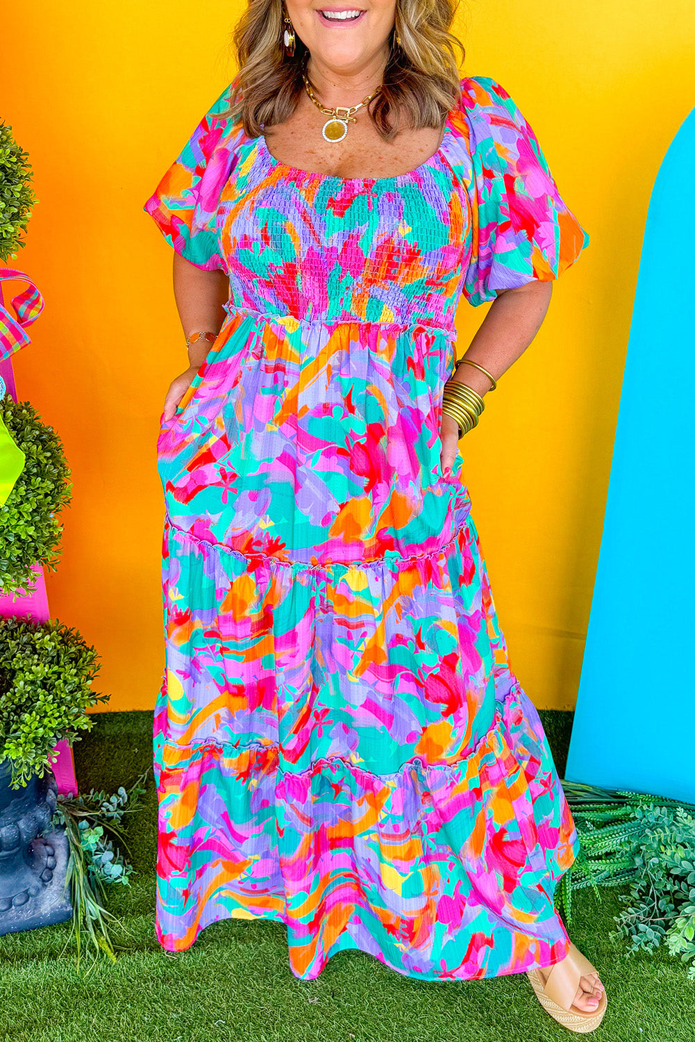 Multicolour Floral Smocked Bodice Puff Sleeve Plus Maxi Dress Pre Order Plus Size JT's Designer Fashion