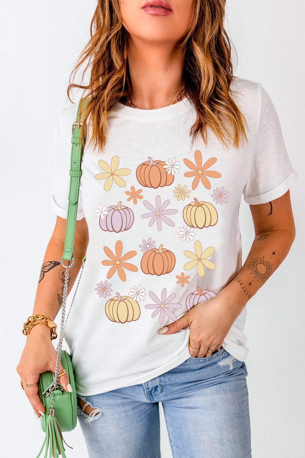 White Floral Pumpkin Graphic Crewneck Halloween T Shirt Graphic Tees JT's Designer Fashion