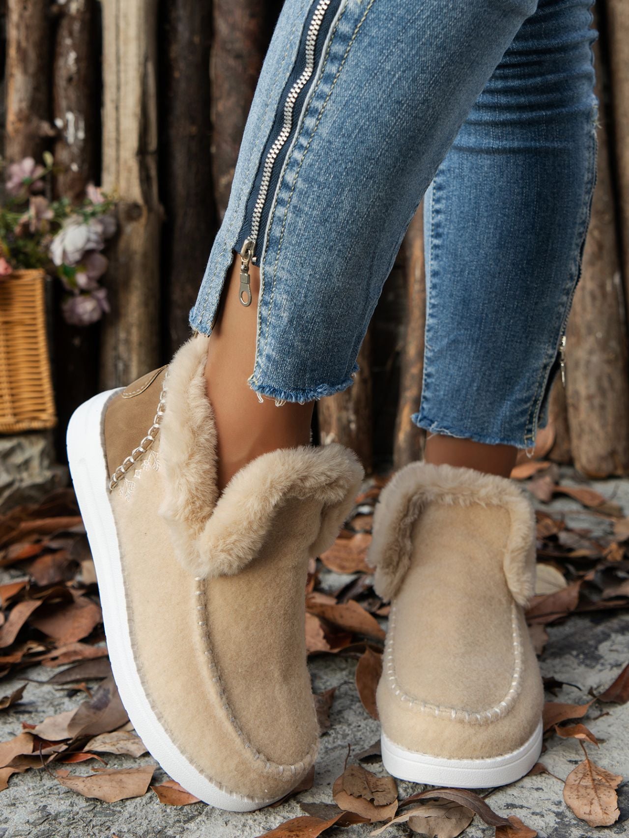 Furry Suede Round Toe Flat Sneakers Beige Shoes JT's Designer Fashion