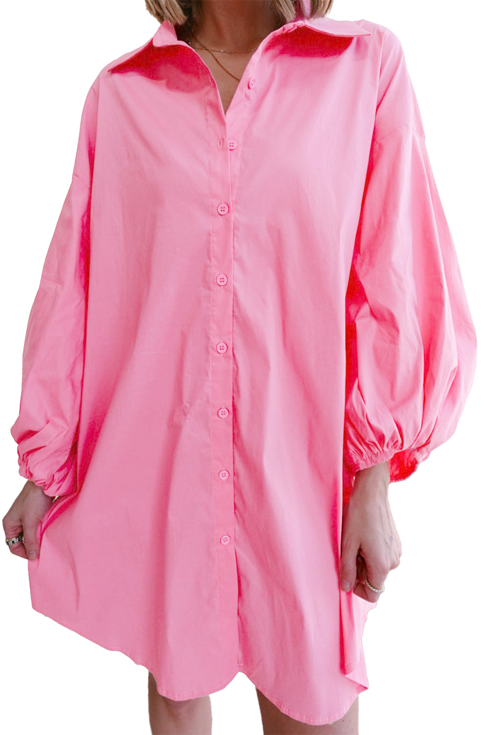 Bright Pink Balloon Sleeve Button Up Mini Shirt Dress Mini Dresses JT's Designer Fashion