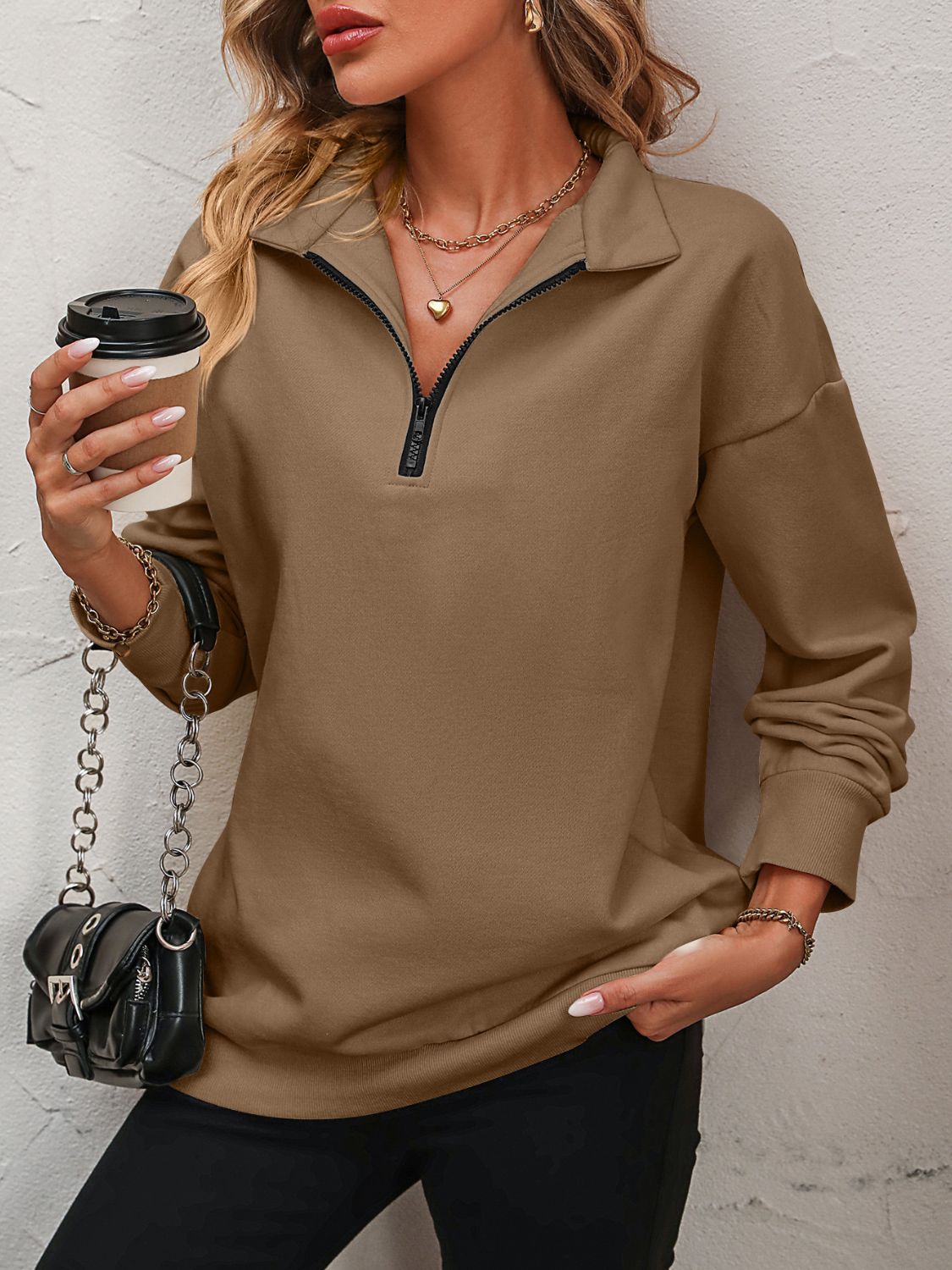 Mandy Zip-Up Dropped Shoulder Sweatshirt Camel Long Sleeve Tops JT's Designer Fashion