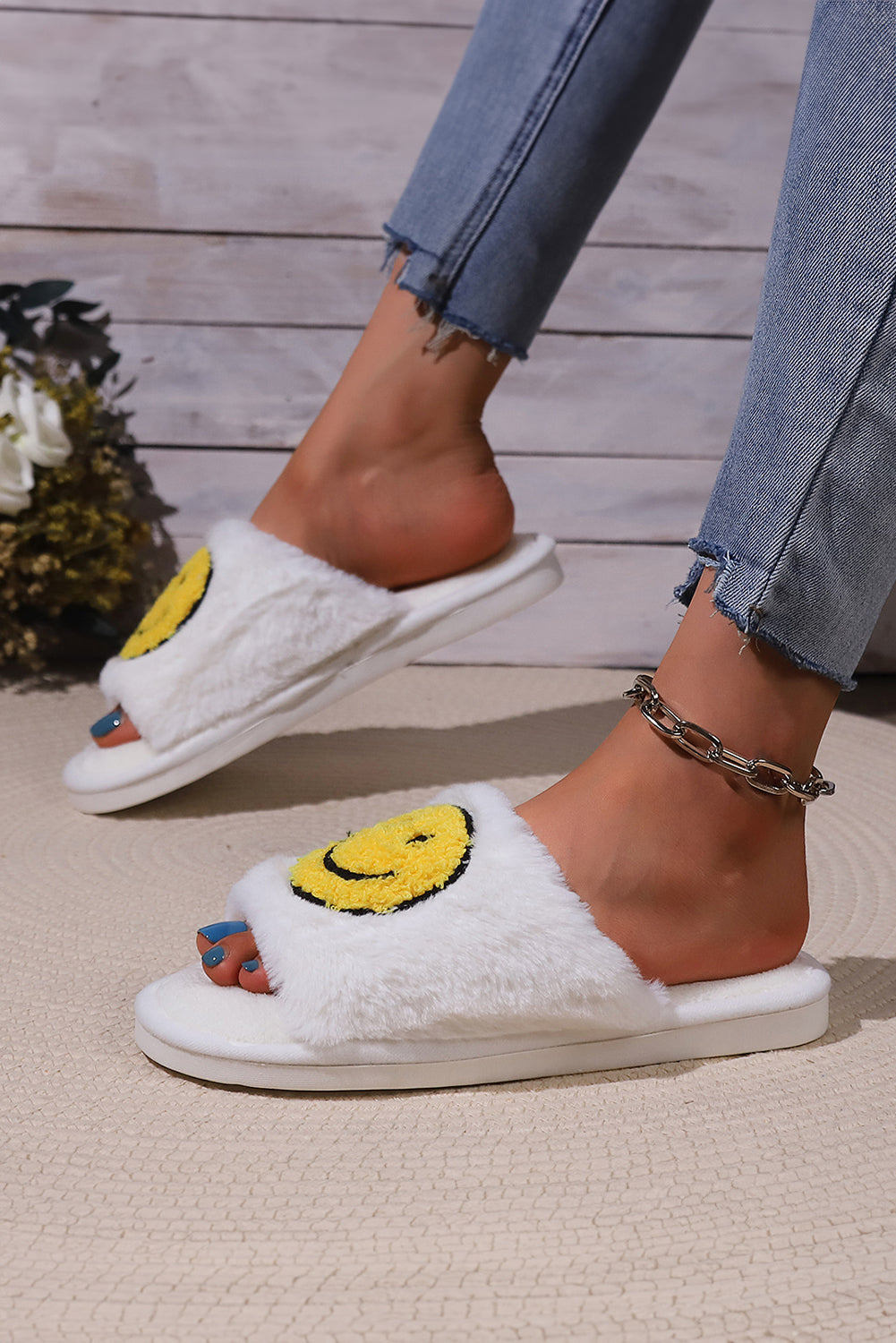 White Smile Emoji Graphic Plush Home Slippers Slippers JT's Designer Fashion