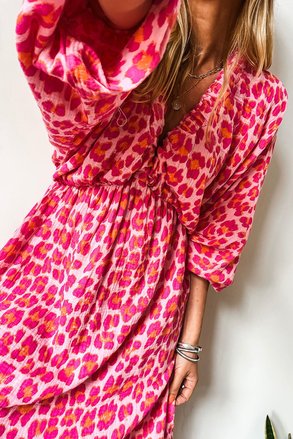 Pink Leopard Print Elasticated V Neck 3/4 Puff Sleeve Dress Mini Dresses JT's Designer Fashion