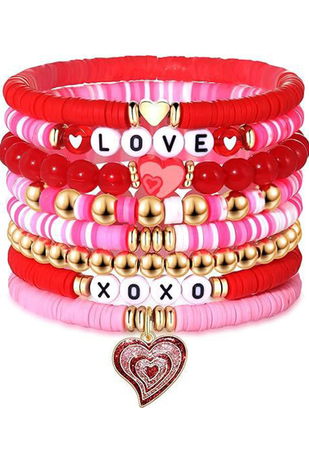 Pink Valentines LOVE XOXO Heart Shape Beaded Bracelet Set Jewelry JT's Designer Fashion