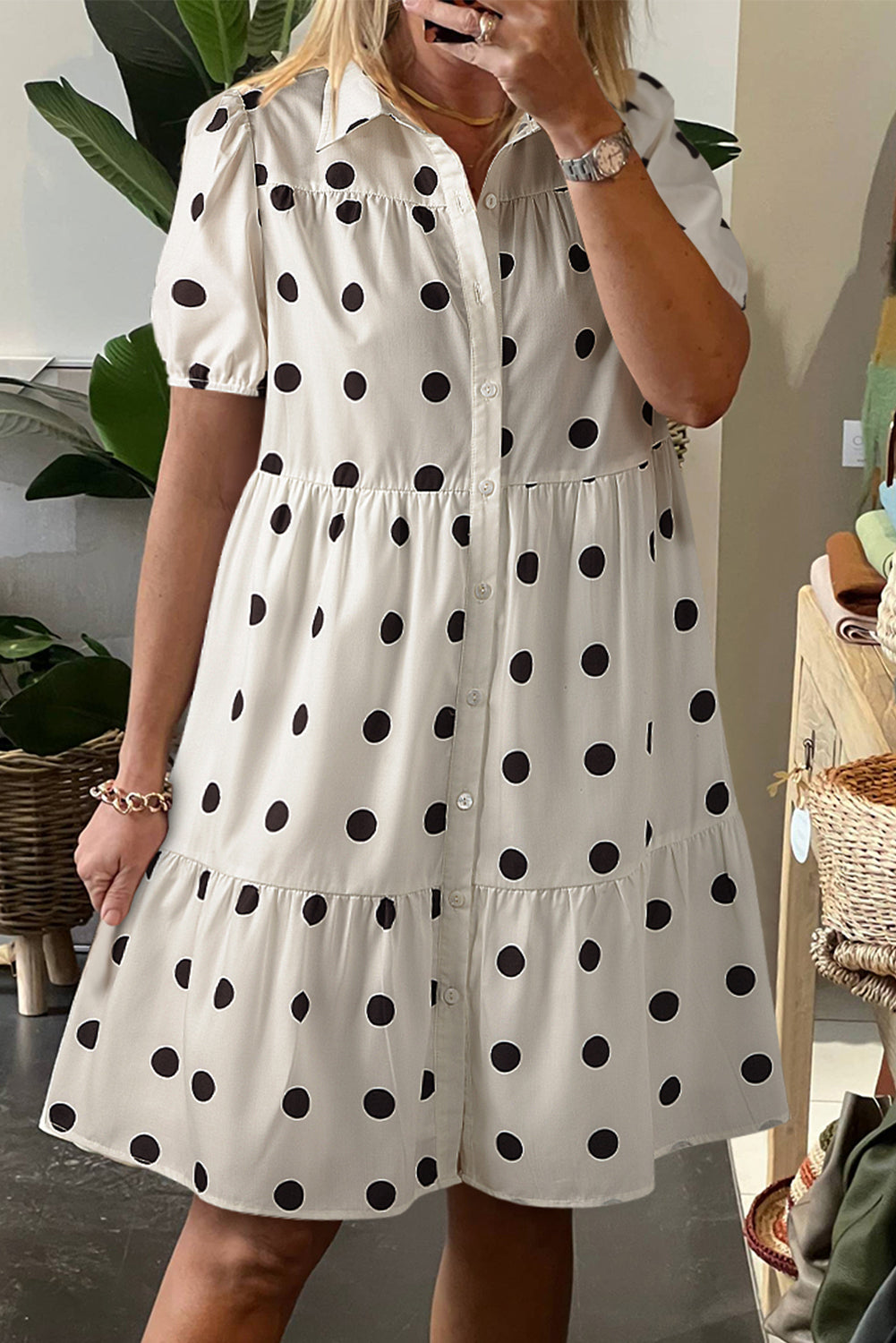 White Polka Dot Print Short Sleeve Collar Buttoned Tiered Babydoll Dress Mini Dresses JT's Designer Fashion