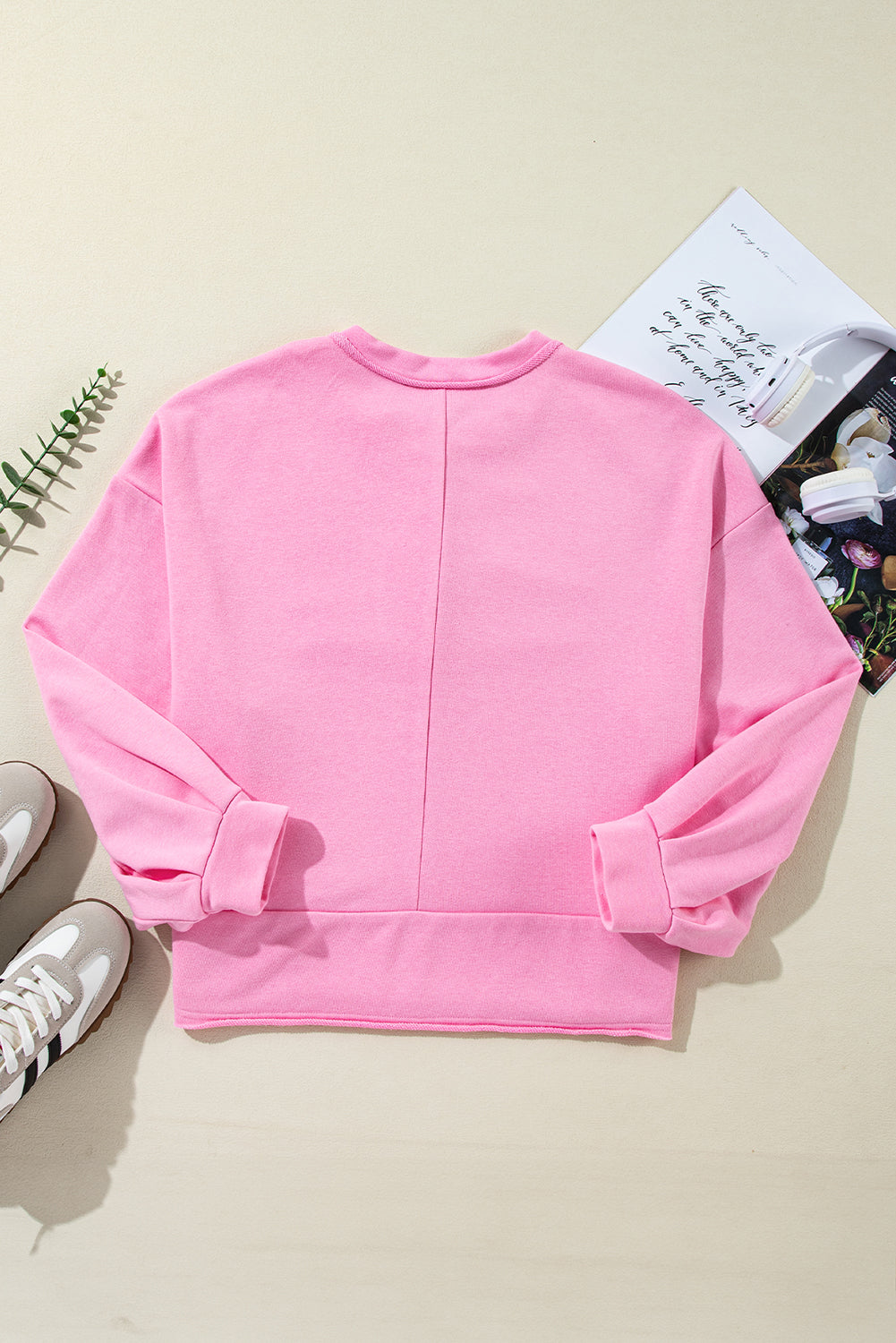 Sachet Pink Solid Color Buttoned Neckline Loose Sweatshirt Sweatshirts & Hoodies JT's Designer Fashion