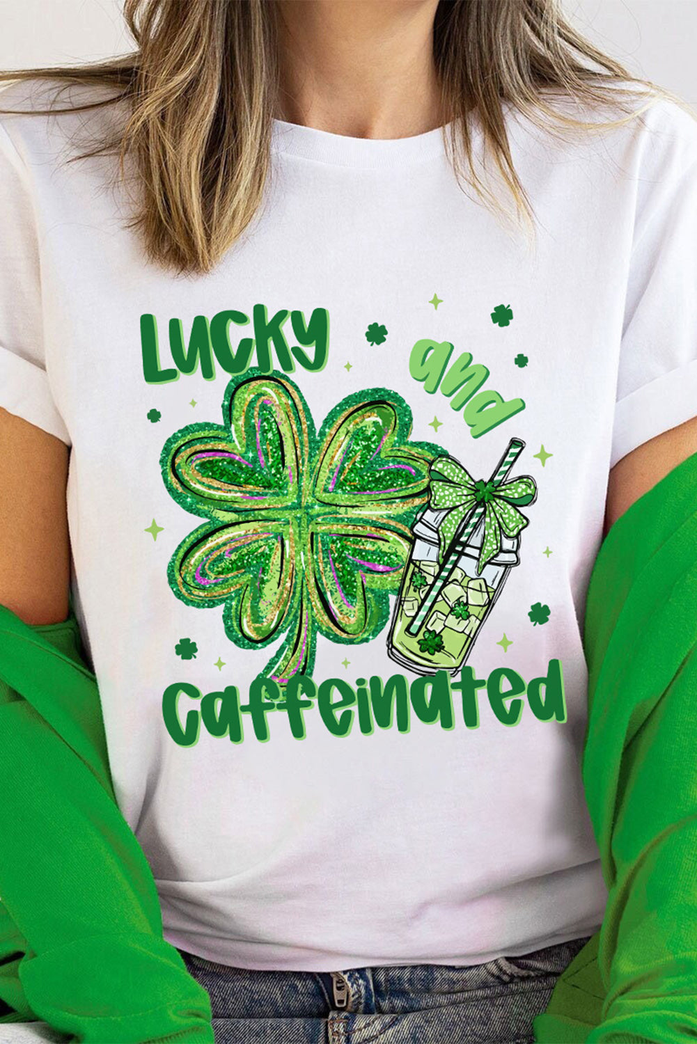White Lucky and Caffeinated Clover Graphic St Patrick Tee Graphic Tees JT's Designer Fashion