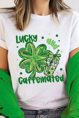 White Lucky and Caffeinated Clover Graphic St Patrick Tee Graphic Tees JT's Designer Fashion