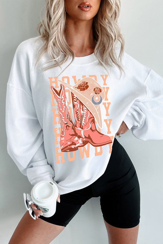 White Cowgirl Boots Hat HOWDY Graphic Corded Sweatshirt Graphic Sweatshirts JT's Designer Fashion