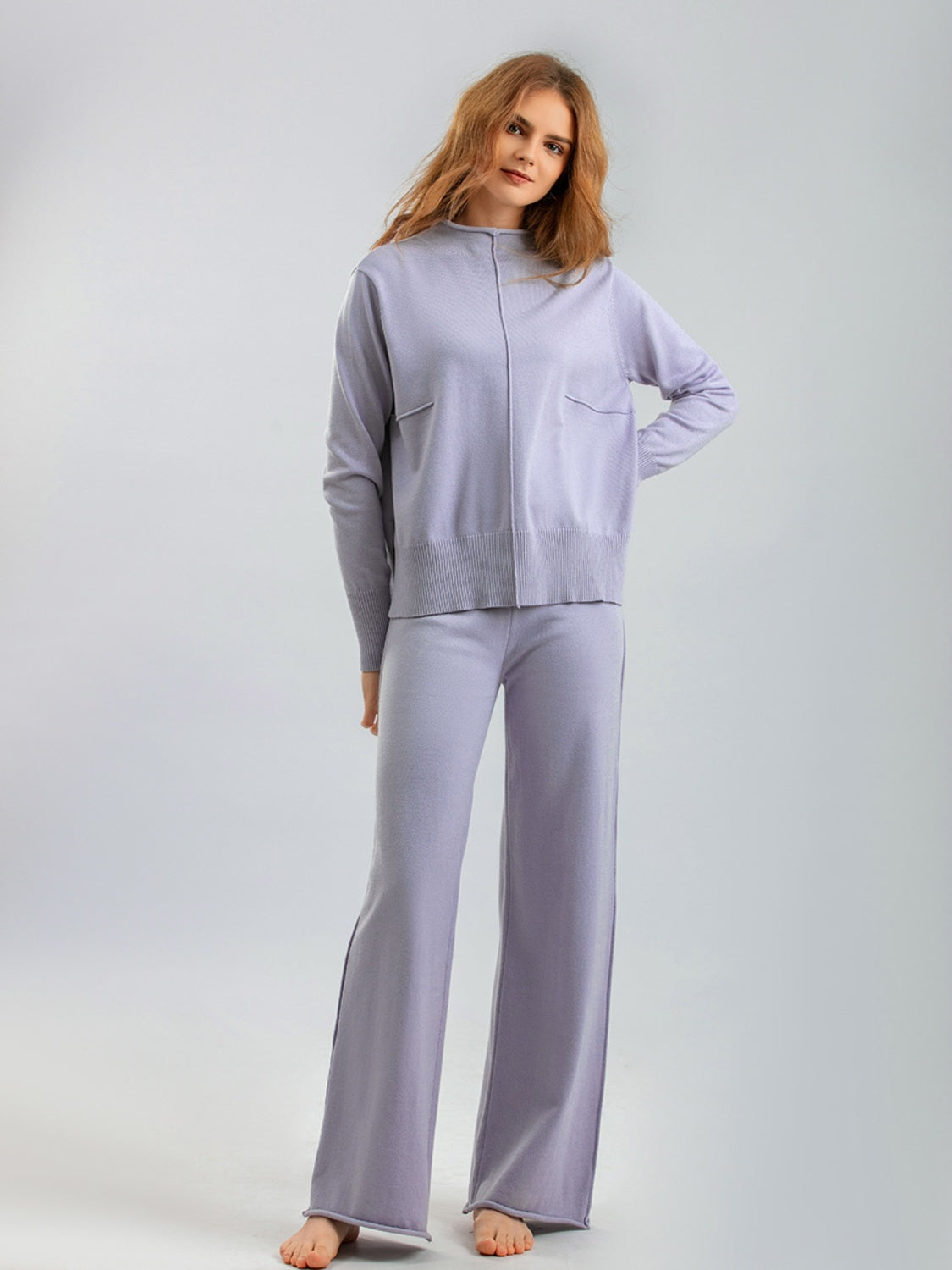 Mock Neck Long Sleeve Top and Pants Sweater Set Lavender One Size Pant Sets JT's Designer Fashion