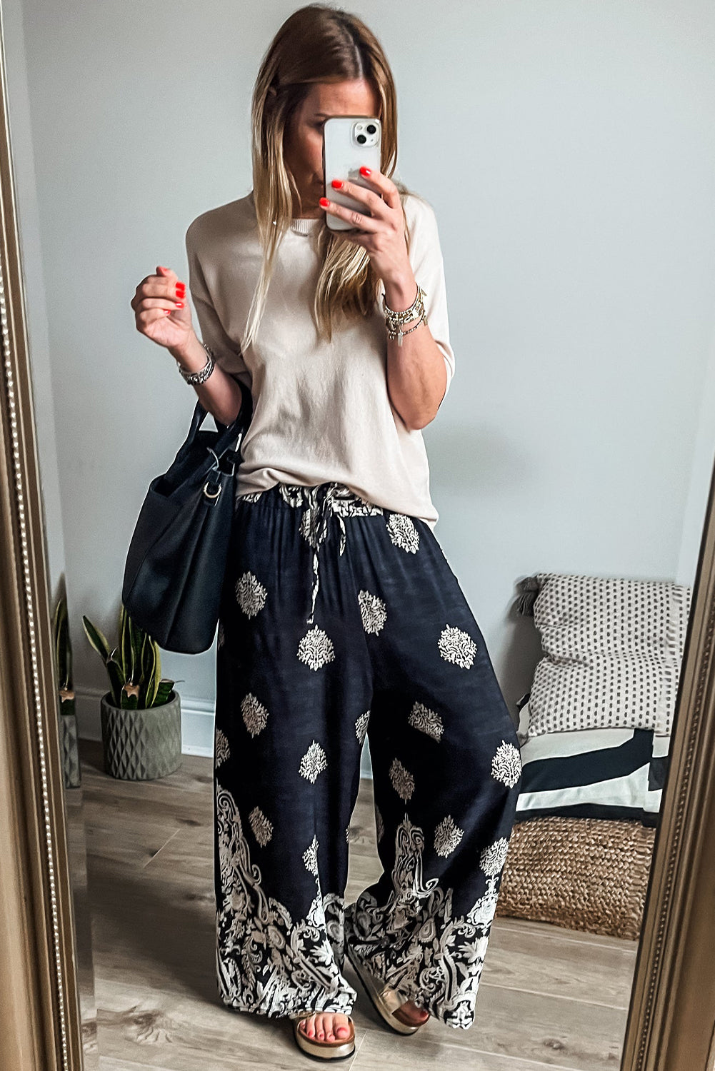 Black Bohemian Printed Drawstring Waist Wide Leg Pants Pants & Culotte JT's Designer Fashion