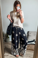 Black Bohemian Printed Drawstring Waist Wide Leg Pants Pants & Culotte JT's Designer Fashion