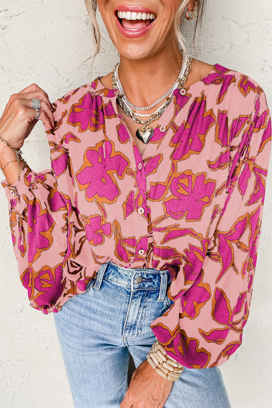 Pink Floral Print Batwing Sleeve Buttoned Loose Fit Shirt Blouses & Shirts JT's Designer Fashion