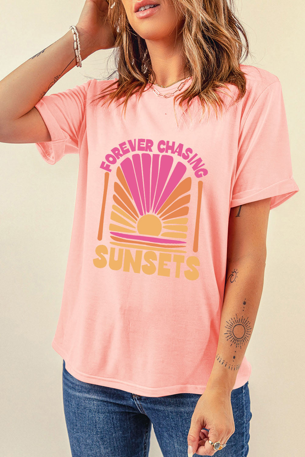 Pink FOREVER CHASING SUNSET Graphic T Shirt Graphic Tees JT's Designer Fashion