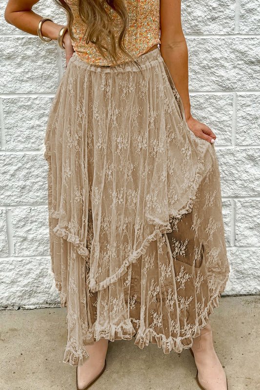 Apricot Lace Cascading Tiered High Waist Maxi Skirt Bottoms JT's Designer Fashion
