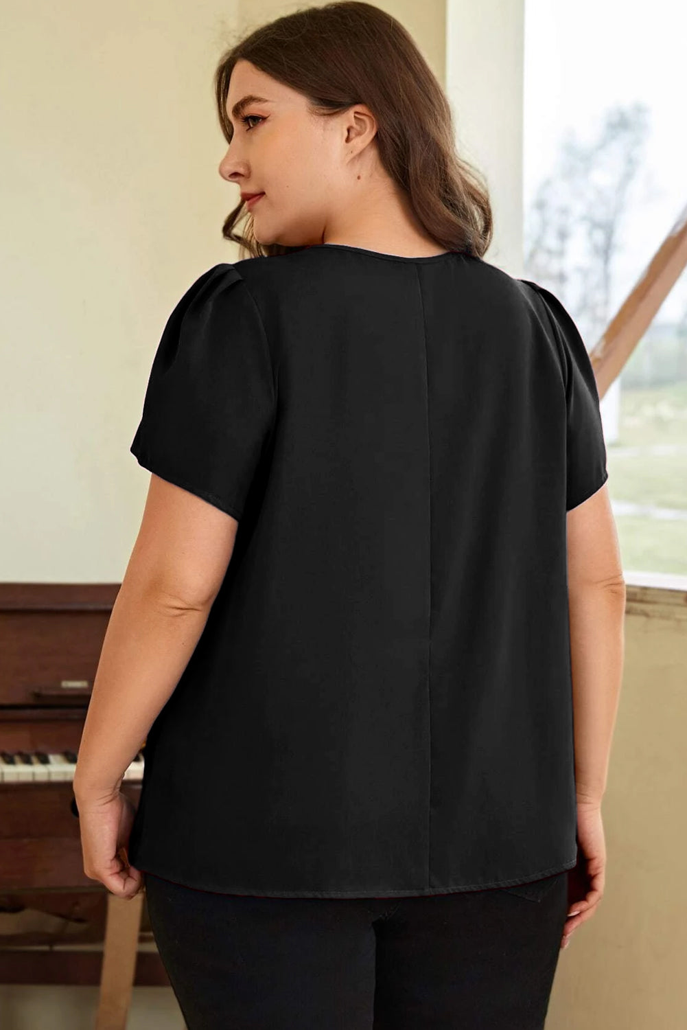 Black Keyhole Pleated Crew Neck Plus Size T Shirt Plus Size JT's Designer Fashion