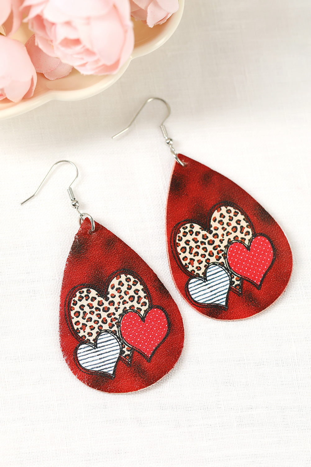 Red Valentine's Day Heart Print Water Drop Earrings Jewelry JT's Designer Fashion