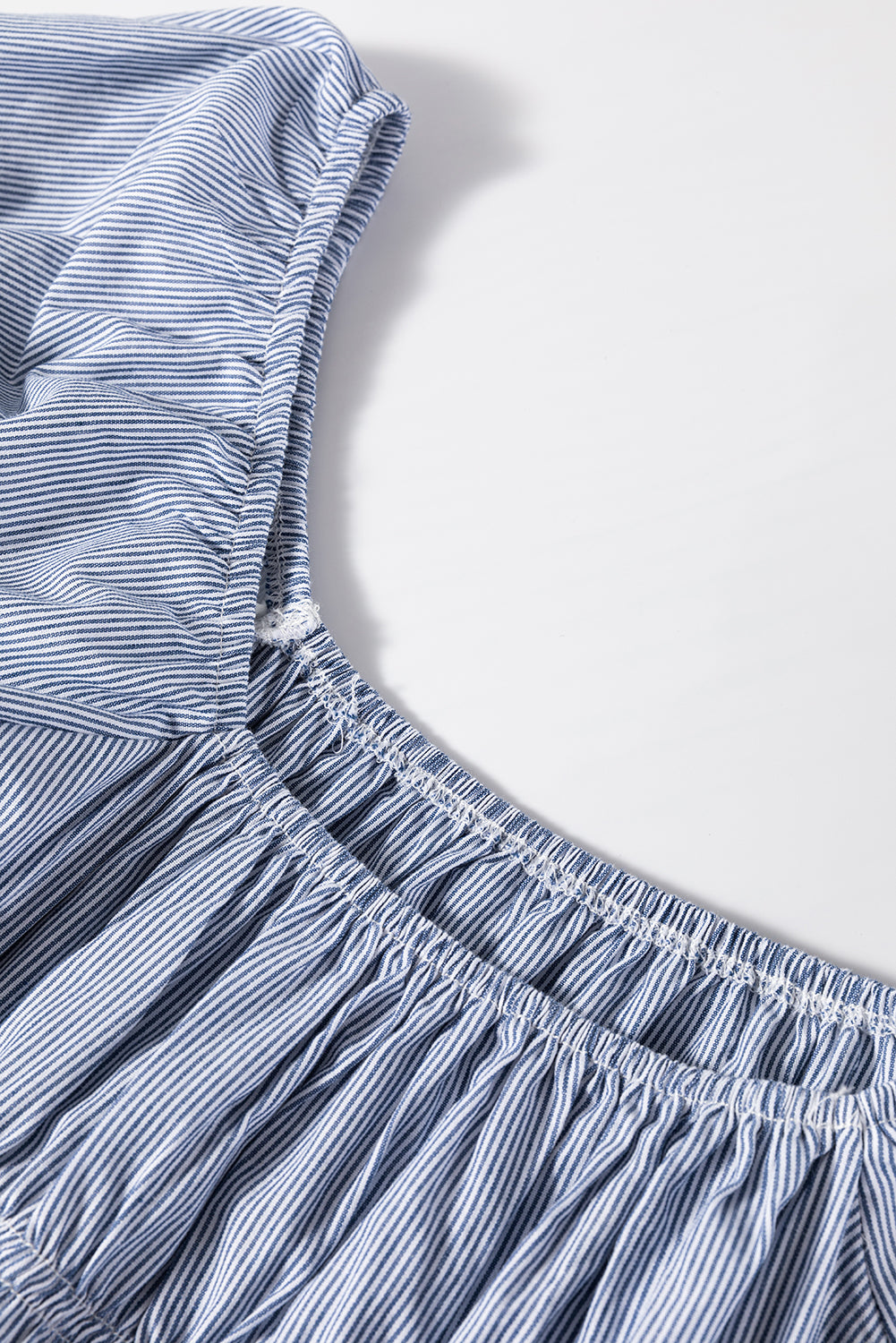 Sky Blue Stripe Bubble Sleeve Square Neck Ruched Pocketed Babydoll Dress Mini Dresses JT's Designer Fashion