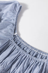 Sky Blue Stripe Bubble Sleeve Square Neck Ruched Pocketed Babydoll Dress Mini Dresses JT's Designer Fashion
