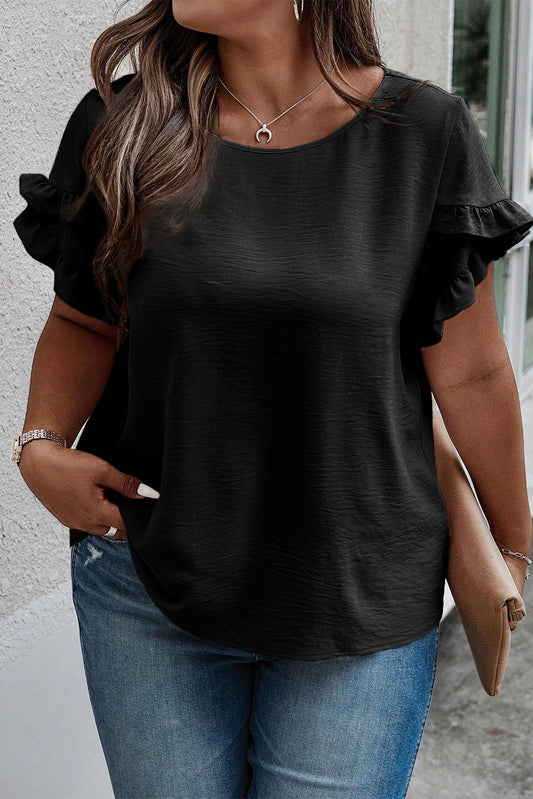 Black Ruffled Short Sleeve Plus Size Top Plus Size JT's Designer Fashion