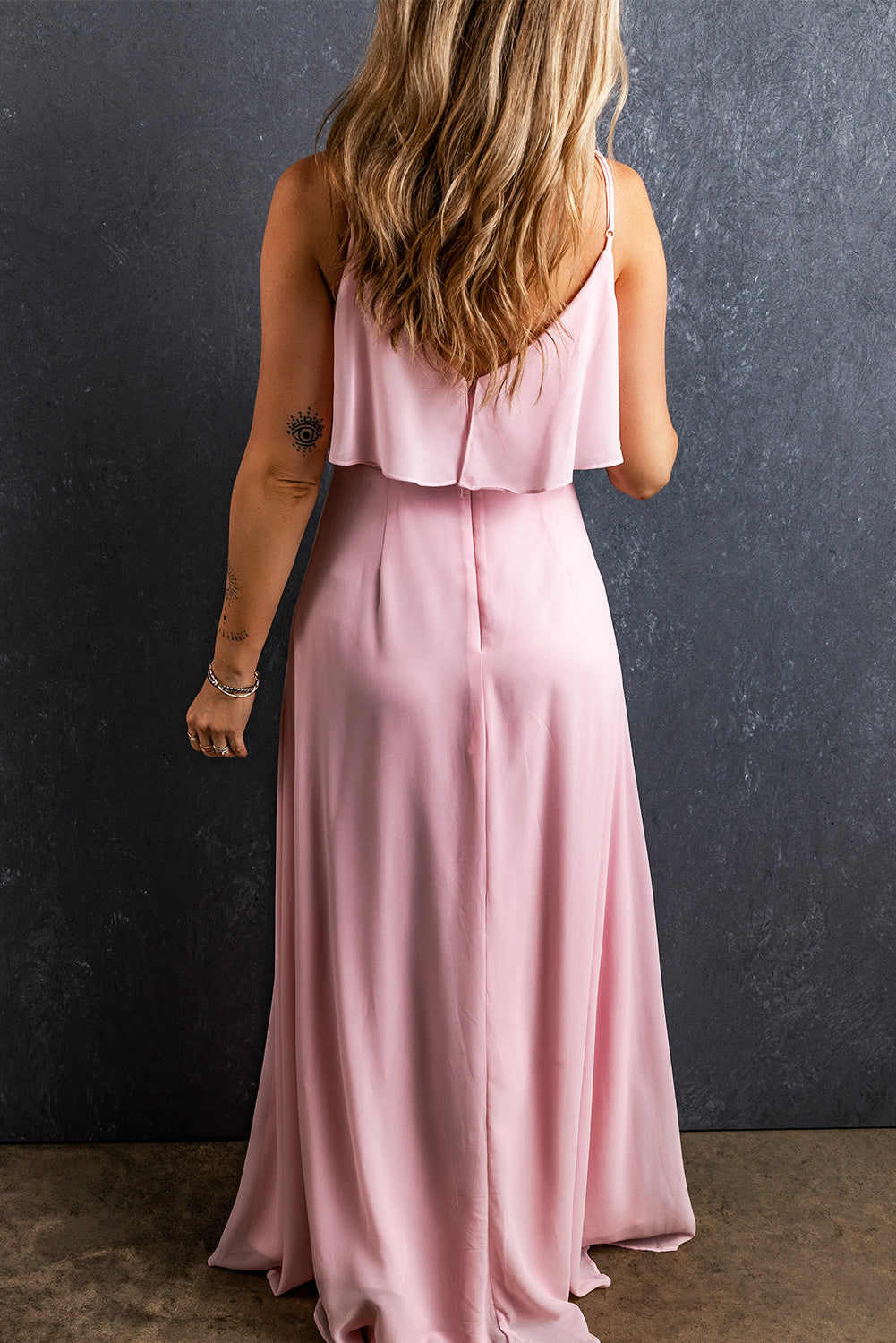 Light Pink Spaghetti Straps V Neck Ruffled Split Long Dress Dresses JT's Designer Fashion