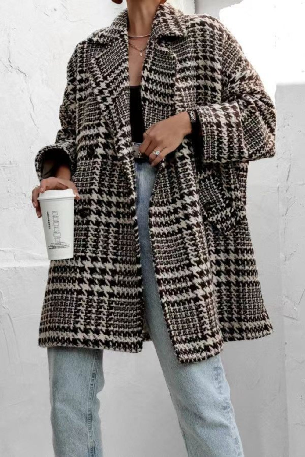 Houndstooth Collared Neck Long Sleeve Coat Brown Long Sleeve Tops JT's Designer Fashion