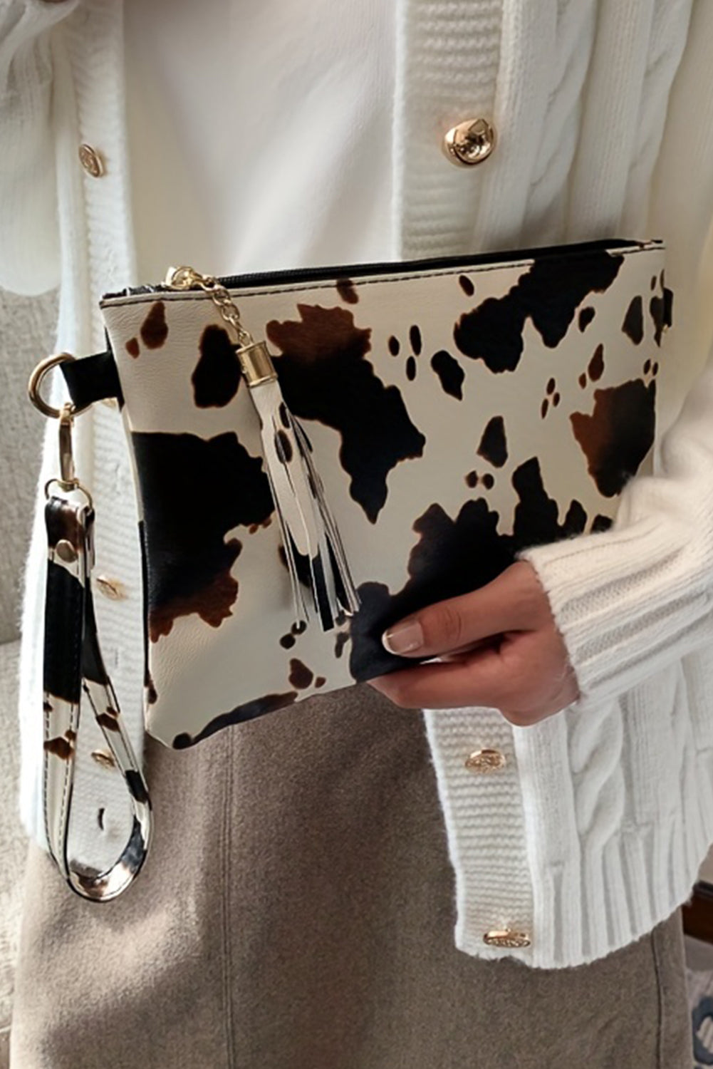 White Cow Print Wrist Strap Zipped Wallet Handbags JT's Designer Fashion