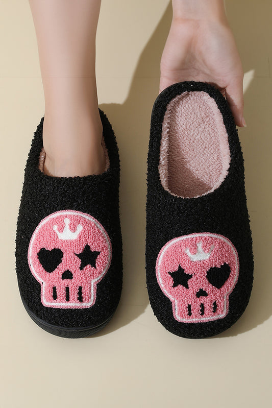 Black Halloween Skull Printed Plush Winter Home Slippers Slippers JT's Designer Fashion