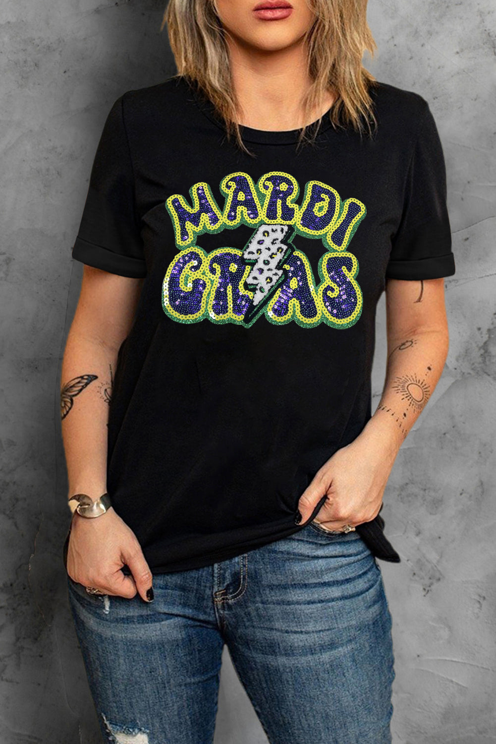 Black MARDI GRAS Lightning Graphic Short Sleeve Top Graphic Tees JT's Designer Fashion