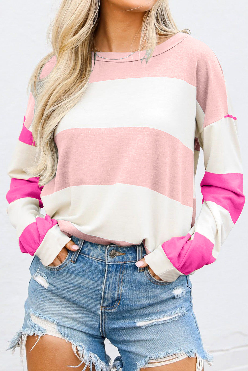 Light Pink Colorblock Striped Drop Shoulder Long Sleeve Top Long Sleeve Tops JT's Designer Fashion