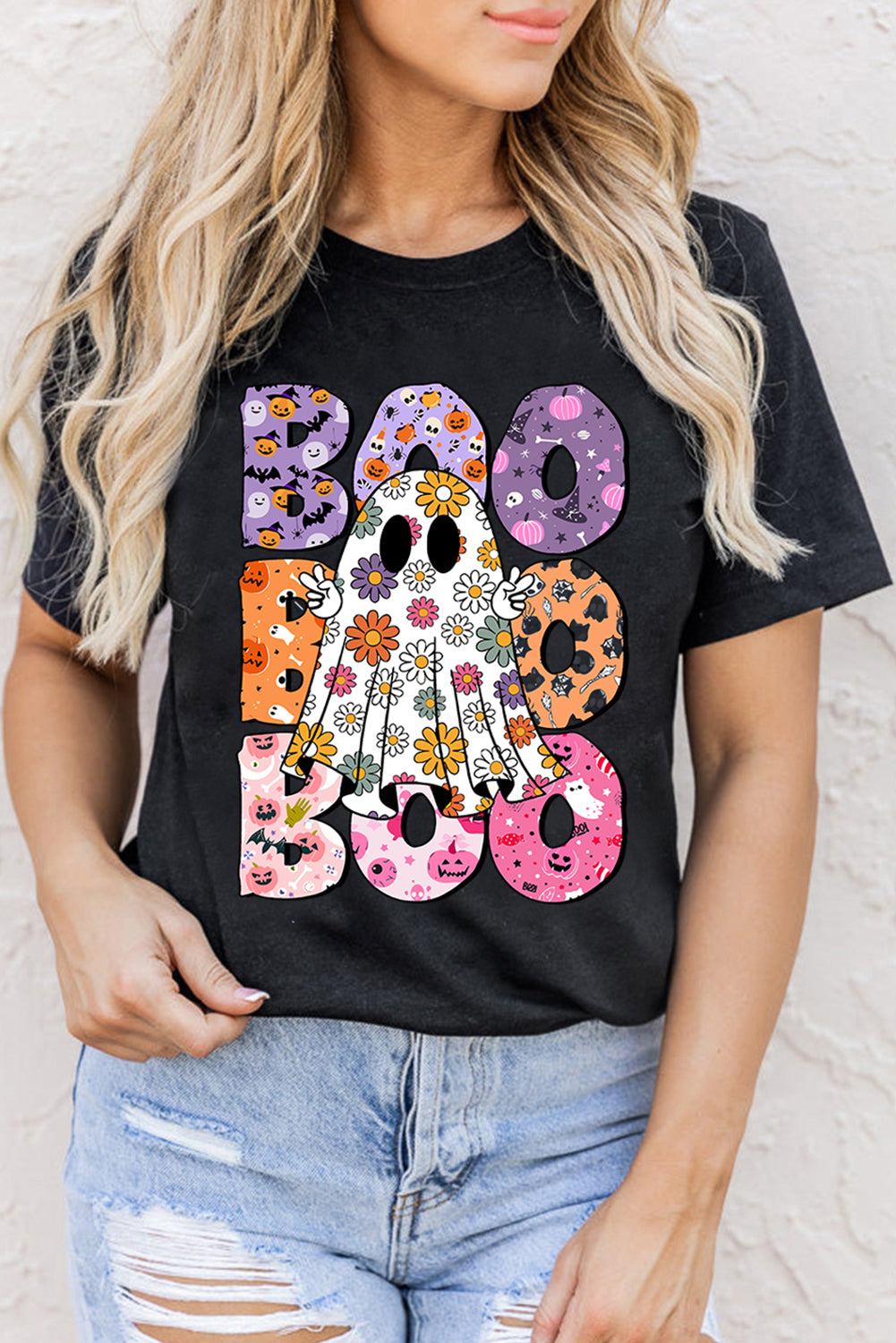 Black BOO Floral Ghost Print Crew Neck Halloween T Shirt Graphic Tees JT's Designer Fashion