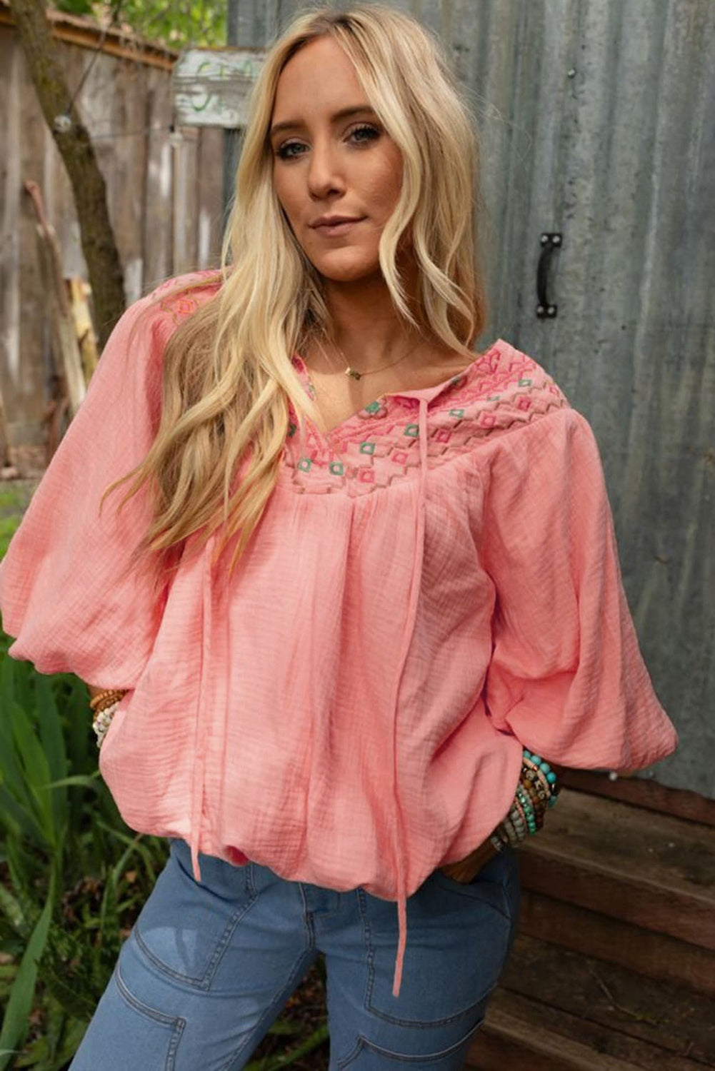 Apricot Pink Geometric Embroidered V Neck Puff Sleeve Blouse Blouses & Shirts JT's Designer Fashion