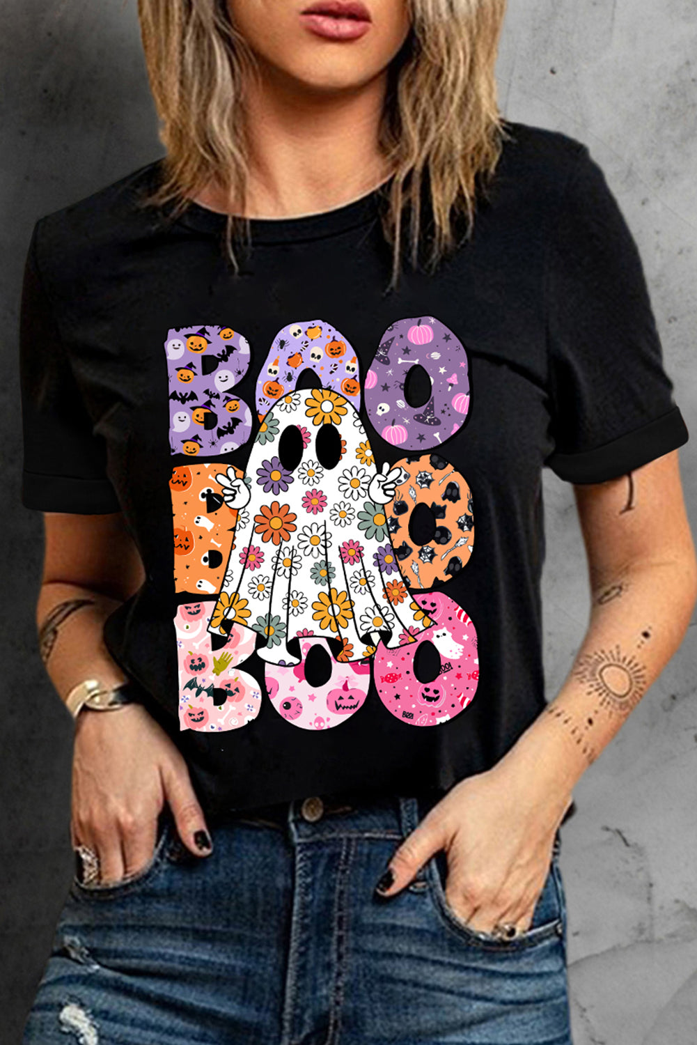 Black BOO Floral Ghost Print Crew Neck Halloween T Shirt Graphic Tees JT's Designer Fashion