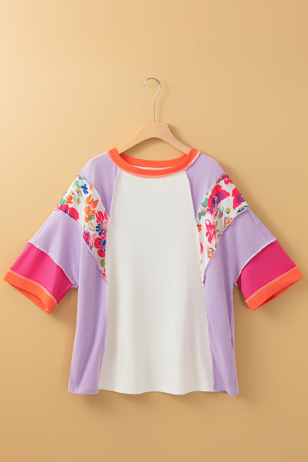 Sachet Pink Floral Color Block Patchwork 3/4 Sleeve Casual Blouse Blouses & Shirts JT's Designer Fashion