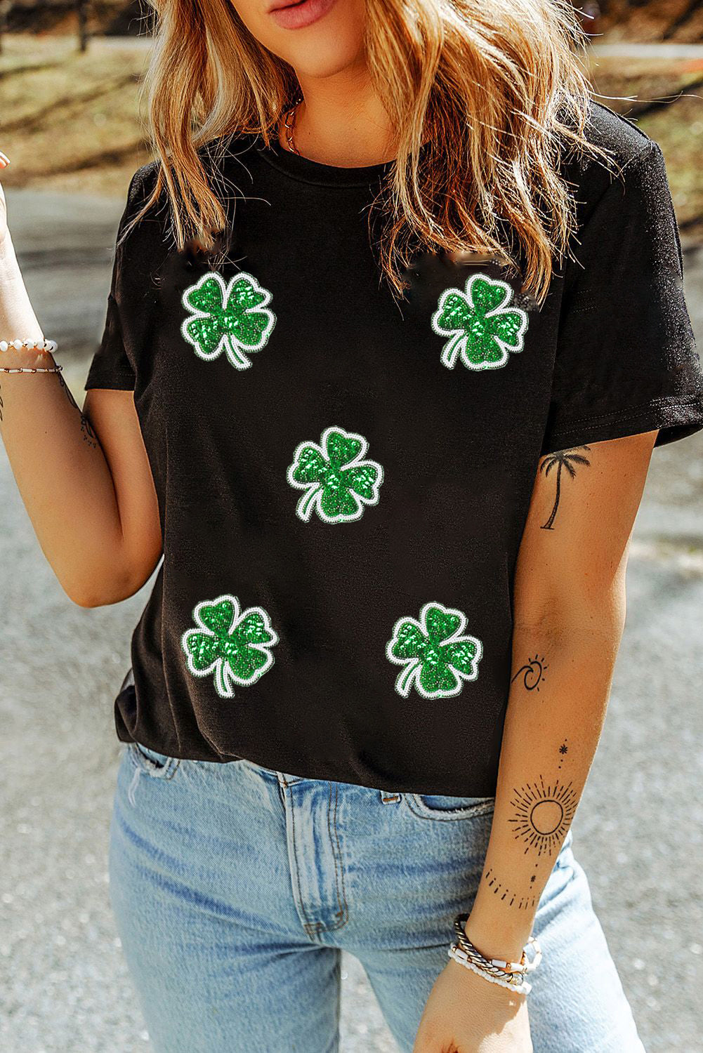 Black Four Leaf Clover Graphic St. Patricks Crewneck Tee Graphic Tees JT's Designer Fashion