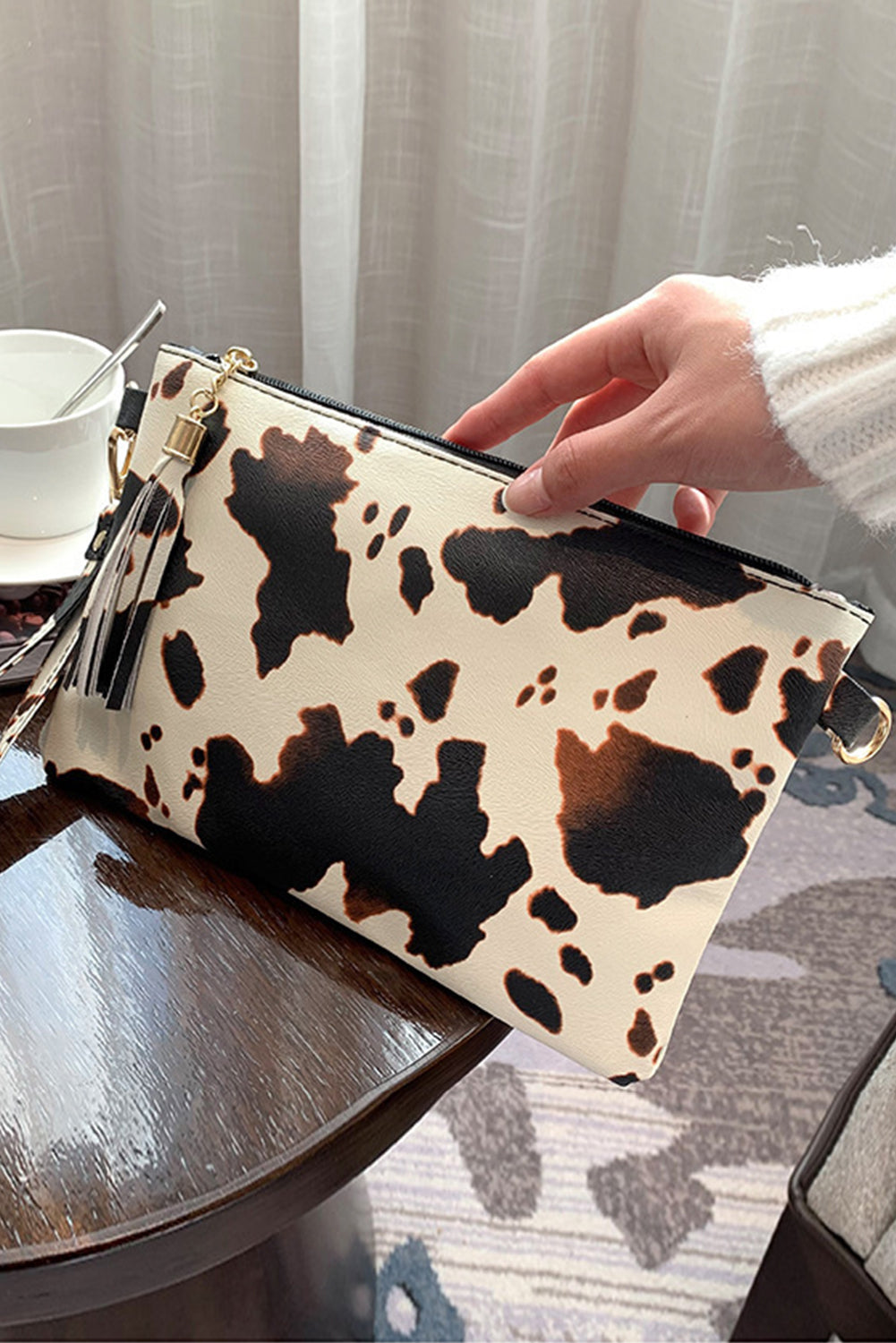 White Cow Print Wrist Strap Zipped Wallet Handbags JT's Designer Fashion