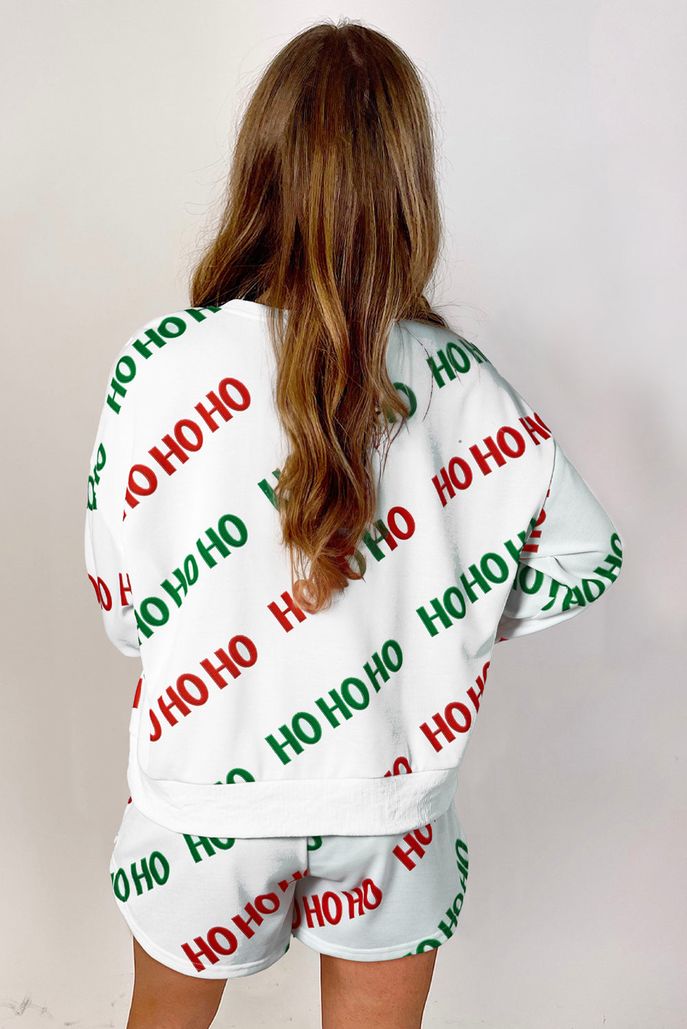 White Christmas HOHOHO Print Drop Shoulder Pullover and Casual Shorts Set Short Sets JT's Designer Fashion