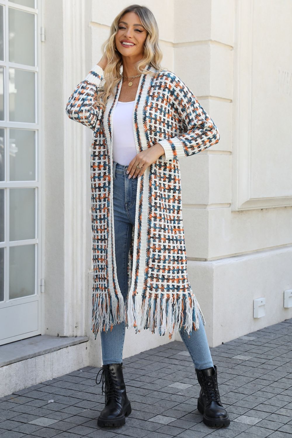 Multicolored Open Front Fringe Hem Cardigan Sherbet Sweaters & Cardigans JT's Designer Fashion