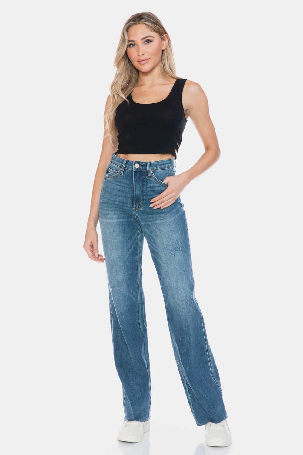 Judy Blue Full Size Tummy Control Cut Raw Hem Straight Jeans Jeans JT's Designer Fashion