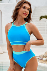 Blue Contrast Trim Crisscross Back High Waisted Bikini Swimwear JT's Designer Fashion