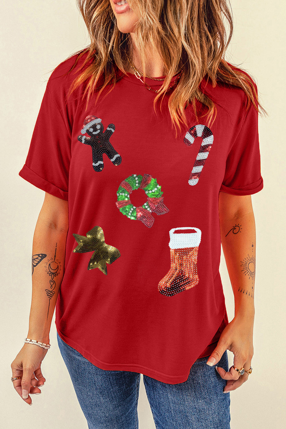 Red Christmas Sequin Pattern Crew Neck Graphic Tee Graphic Tees JT's Designer Fashion