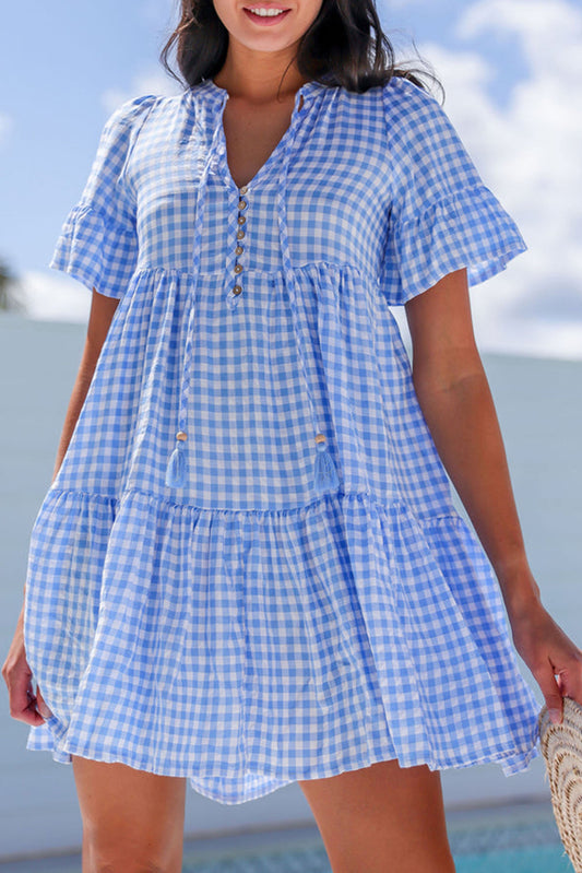 Sky Blue Gingham Short Sleeve Button Tie Split Neck Loose Mini Dress Mini Dresses JT's Designer Fashion