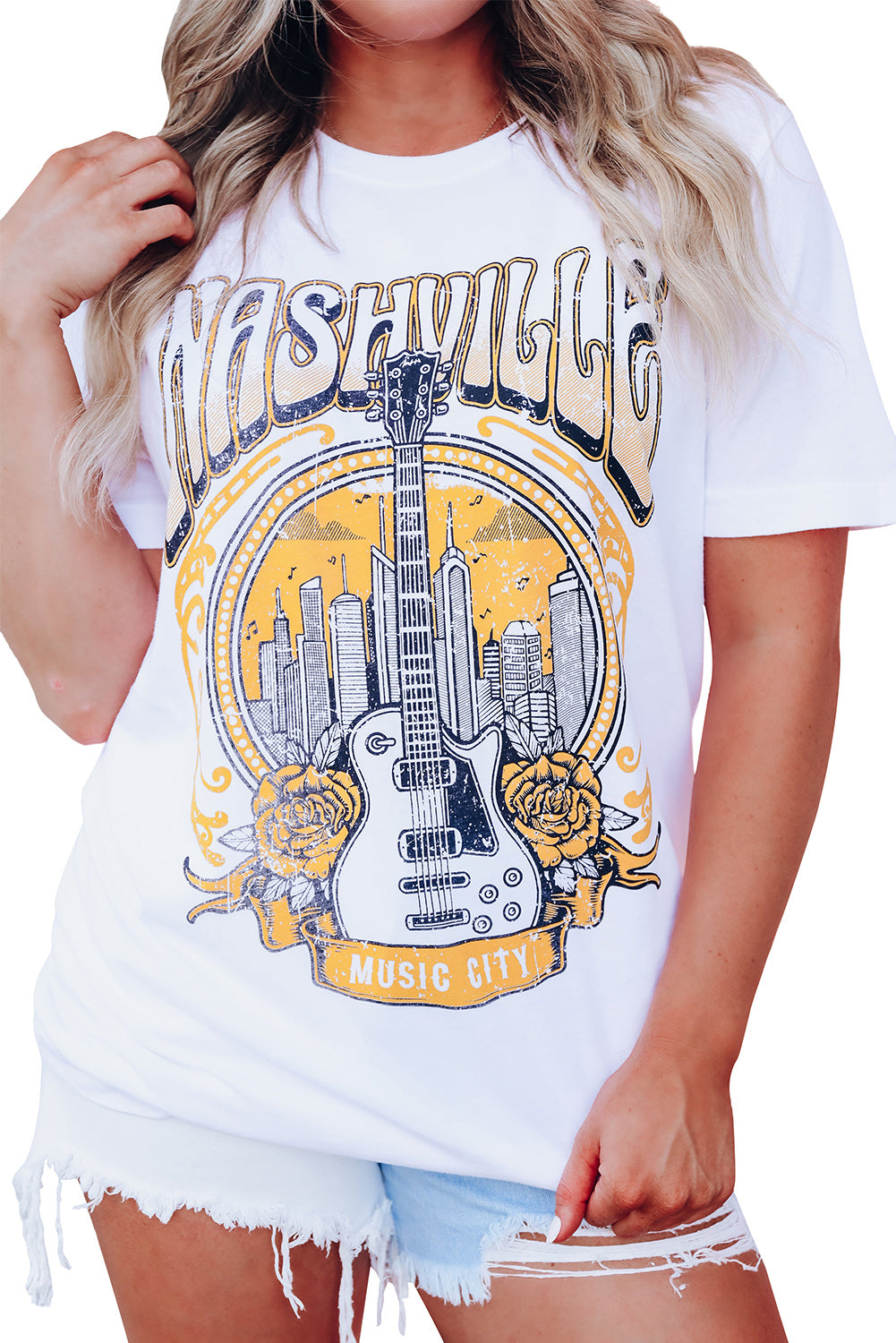 White Music City NASHVILLE Guitar Graphic T Shirt Graphic Tees JT's Designer Fashion