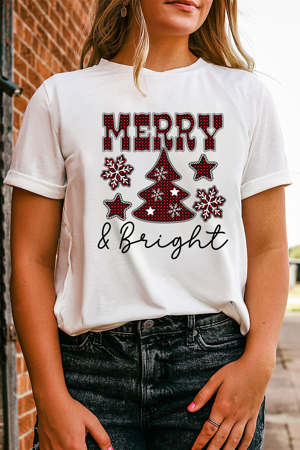 White MERRY and Bright Plaid Print Christmas Crewneck T Shirt Graphic Tees JT's Designer Fashion