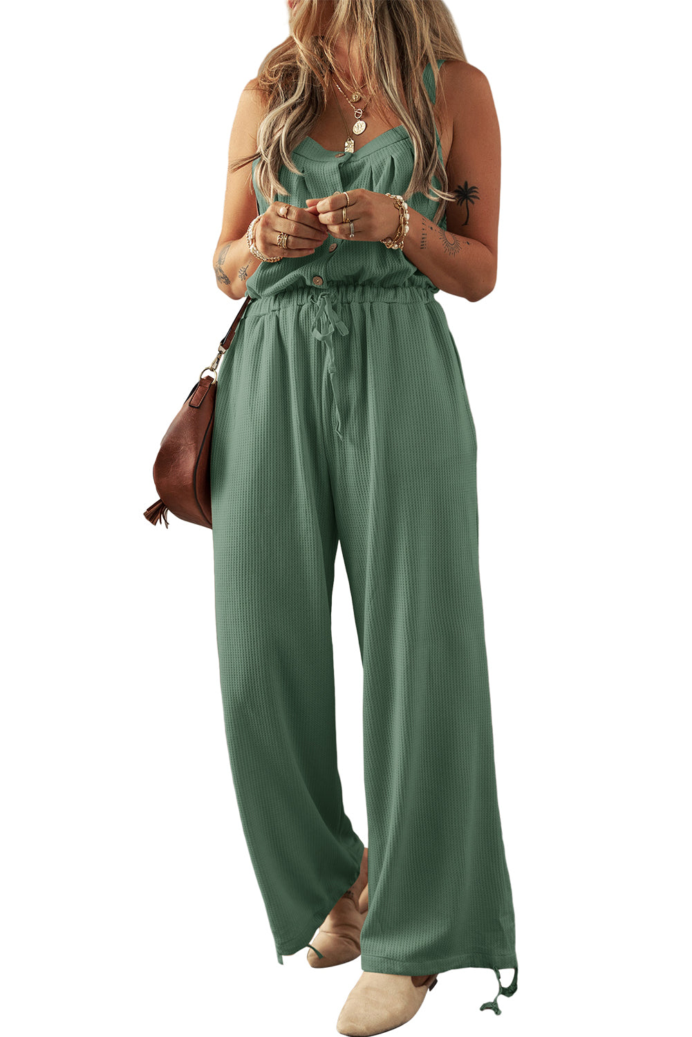 Moss Green Knotted Straps Button Textured Drawstring Jumpsuit Pre Order Bottoms JT's Designer Fashion