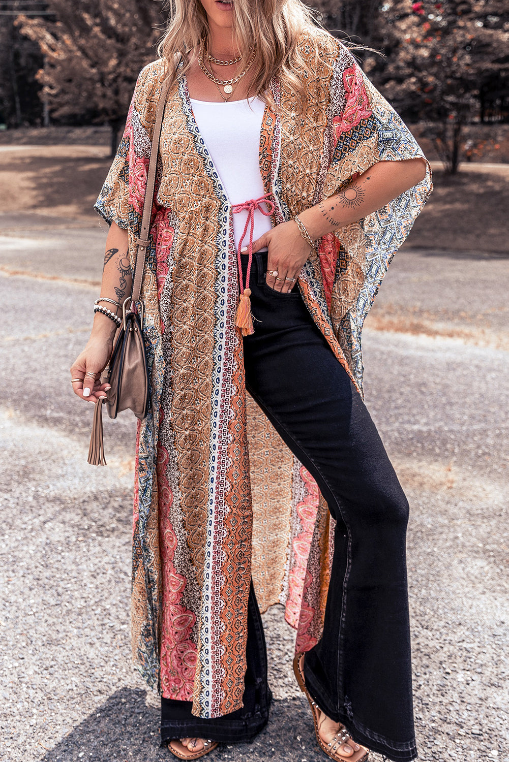 Pink Retro Printed Boho Duster Kimono Outerwear JT's Designer Fashion